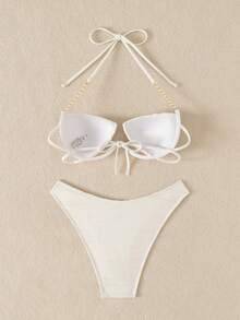 Swim SXY Summer Beach 1PC Pearl Decor Halter Neck Backless Sexy Top And High Cut Triangle Swim Bottom Women 2pcs Bikini Set - White - View 6