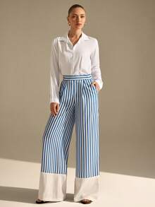 CLARA VERO High Waist Striped Wide Leg Pants Set, Relaxed Fit Elongates Legs Perfect For Beach Walks, City Strolls Or Casual Summer Days, Made In Non-Elastic Blue Stripe 100% Polyester Linen-Look Fabric For Breezy Feel And Effortless Style - Multicolor - View 7