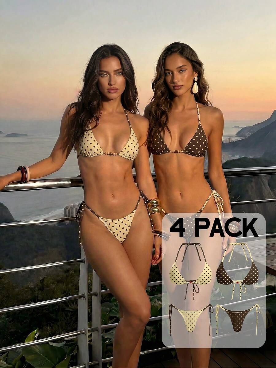 Aloruh Đồ bơi nữ, bộ bikini hai mảnh gợi cảm thanh lịch lãng mạn phong cách vintage họa tiết chấm bi tương phản rừng nhiệt đới, áo cổ yếm dây buộc cúp tam giác mini + quần bikini buộc dây bên hông mini, cho kỳ nghỉ xuân/hè - Nhiều màu - Xem 1