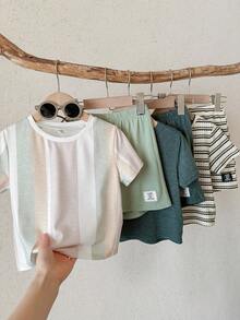 SHEIN 6件套男女宝宝/男宝宝休闲可爱条纹短袖T恤短裤套装，男宝宝服装套装，男宝宝夏季服装 - 綠色 - 查看 4