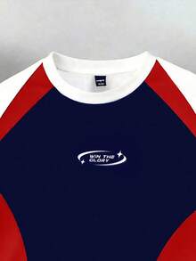Manfinity Hypemode Men's Casual Versatile Contrast Color Block Letter Print Round Neck Short Sleeve T-Shirt, Holiday - Navy Blue - View 3