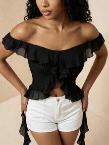 Eryvara Women's Off-Shoulder Top, Sexy Vacation Style, Textured Fabric Design With Ruffle Hem - Black - View 4