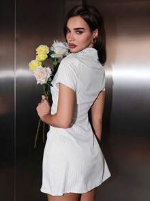 Bris Aura Sweet & Fresh Pink Short Sleeve Shirt Dress, Waist Cinched Slimming Stylish Blouse Dress For Summer Elegant White - White - View 2
