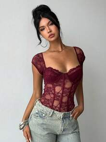 Aloruh 女士蕾丝拼接连体衣，心形领口，短袖 - 酒紅色 - 查看 5