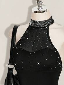 SHEIN ICON Women's Rhinestone Decor Halter Neck Romper Unitard - Black - View 5