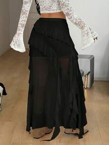 Coolane Women's Summer Concert Streetwear Vacation Boho Y2K Country Concert Gyaru Lace Asymmetrical Ruffle Fringe White Low Rise Long Skirts - Black - View 7