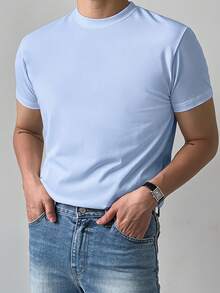 DAZY Kaos Pria Lengan Pendek Kerah Bulat Warna Biru Polos Kasual untuk Musim Panas - Biru - View 5