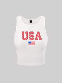 SHEIN Unity 女款 Y2K 美國國旗 "USA" 世界盃 日印花白色背心上衣 - 白色 - 查看 4