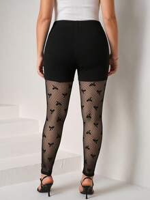 SHEIN Clasi Legging Patchwork Jala dengan Pita untuk Ukuran Plus - Hitam - View 2