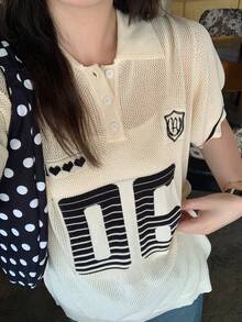 Dazy Plus 宽松休闲字母提花 Polo 领学院风春夏加大码针织女式上衣 - 杏色 - 查看 3