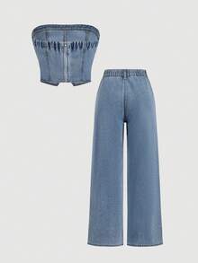 Plus Size Bow Decor Tube Top & Long Pants Denim Two Pieces Set - Blue - View 2