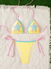 Swim Mod Spring/Summer Women's Starfish Embroidery Contrast Color Halter Neck Tie Sexy Cute Bikini Two Pieces Swimwear Set Beach Pool Party Yellow - Yellow - View 4