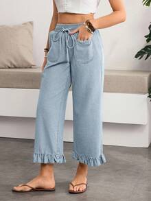 Breezaya Quần jean nữ eo dây rút có túi thiết kế gấu bèo nhún - Màu xanh lam - Xem 3