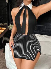 Fantasy Costume Fantasy Costume Classic Sexy Sheer Outfit With Bow Decor Bodysuit + Costume 3-Piece Set For Women - Multicolor - View 3