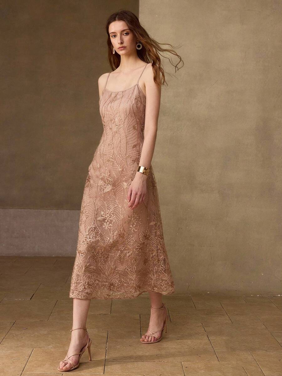 MOTF PREMIUM WOMEN'S EMBROIDERED SPAGHETTI STRAP DRESS - Champagne - View 2