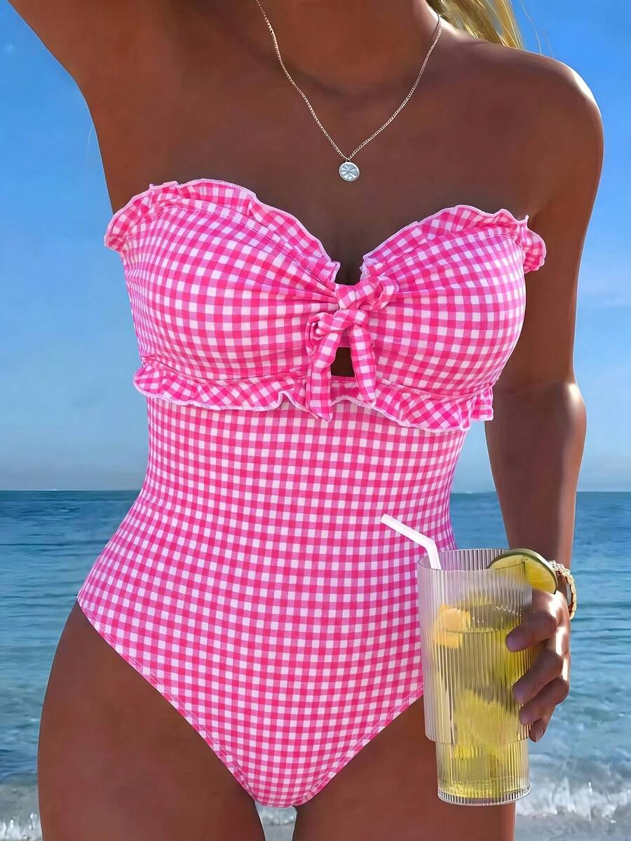 Swim Mod 女士时尚可爱沙滩装，特殊面料格子荷叶边吊带连衣裙，适合度假、派对、游艇、春夏穿着 - 玫紅色 - 查看 1