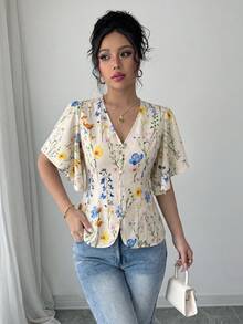 Selianne 女款春夏法式優雅浪漫通勤早午休閒花卉V領收腰魚尾花瓣袖印花襯衫 米色 - 杏色 - 查看 5
