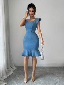 Elenzga Elegant Ruffle Trim Denim Midi Dress For Commuting, Summer - Light Wash - View 3