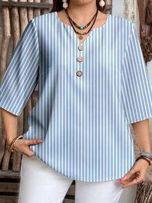 EMERY ROSE Striped Casual Minimalist Plus Size Shirt Suitable For Summer - Multicolor - View 3