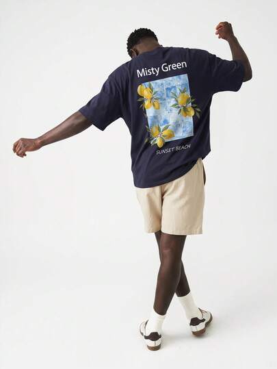 Men's Short Sleeve Graphic Letter Print T-Shirt And Striped Shorts Set