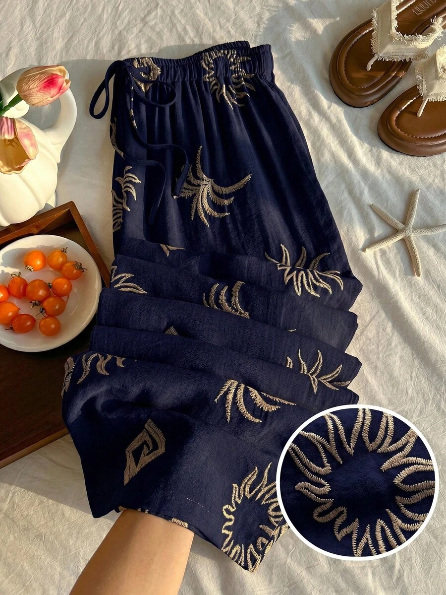 Comfortcana 大尺碼夏季純色海軍藍壓褶紋理面料寬鬆抽繩腰休閒寬腿長褲 - 藏蓝色 - 查看 1