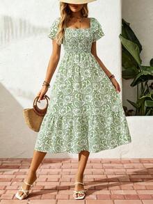 Breezaya Summer Floral Shirred Ruffle Hem Dress Maxi Vacation Beach Outfits Women - Green - View 5