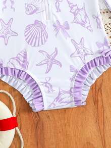 Baby Girls' Swimsuit, Blue Shell Starfish Bow Pattern, Soft & Comfortable Long Sleeve One-Piece Swimwear With Zipper Front And Ruffle Hem, Matching Sun Hat, Suitable For Baby Girls Swimming, Beach, Pool In Summer - Mauve Purple - View 5