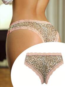 SHEIN Elacene Sexy Leopard Print Mesh Lace Patchwork Thong Panties ClassicAnimalPrint - Multicolor - View 2
