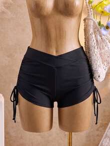 Swim Vcay Calcinha de Maiô Bikini Preta Plus Size para Mulheres, Estilo de Férias com Cintura Cruzada e Cordão, Detalhe Franzido nas Costas, Adequado para Férias na Praia e Festa na Piscina - Preto - Visão 6
