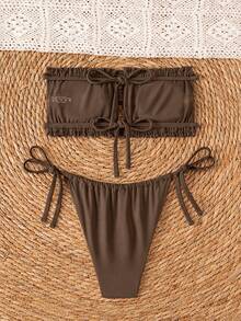 Swim Basics Double Fabric Bandeau (Backless Tie) High Leg Side Tie Bikini Swimwear - Coffee Brown - View 4