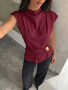 Aloruh 女士休闲优雅衬衫，通勤衬衫，杏色衬衫，夏季户外衬衫，金属扣腰衬衫 - 酒紅色 - 查看 6