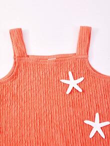 SHEIN Casuvi Kids Casuvi 青少女女童休閒針織提花紋理吊帶洋裝，寬鬆A字版型搭配3D花卉裝飾，舒適適合春夏日常穿著 - 亮橙色 - 查看 6