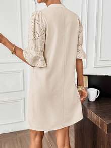 Editum Women's Notched Neck Cutout 3/4 Sleeve Ruffled Hem Eyelet Embroidery Loose Casual Dress, Pure White, Elegant For Daily, Vacation, Commute, Spring/Summer - Khaki - View 2