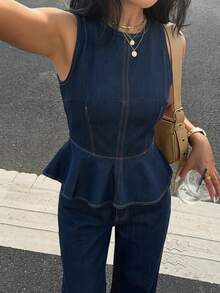 2pcs/Set Navy Blue Denim Sleeveless Loose Ruffle Hem Top And Pants For Teen Girls - Blue - View 7