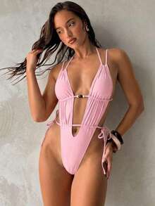 Aloruh Women's Solid Hot Pink Swimsuit, Structured Sexy Tropical Elegant One-Piece Retro Bohemian Beaded Decoration Beach Vacation Outfit Summer - Baby Pink - View 3