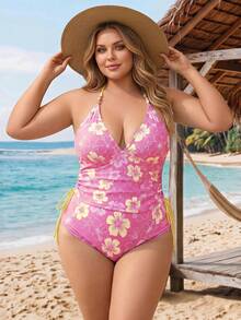 SHEIN CURVE+ Conjunto de tankini con estampado floral de talla grande - Rosa - Ver 4