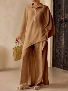 Vesra Women's Solid Color Long Top And Wide Leg Pants Casual Two Pieces Set - Khaki - View 4