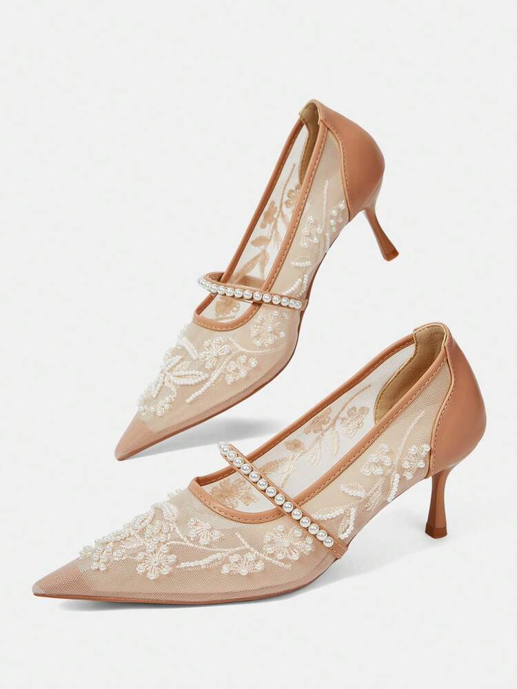 CUCCOO HITCHD Women Shoes Spring And Summer Breathable Mesh Embroidery Pearl Decoration Pointed Head Thin Heel Middle Heel Fairy Wind Light Mouth Solid Color Women's High Heel Single Shoes Banquet Dating Daily Wear Bridesmaid Shoes Wedding Shoes Dress Versatile French Niche Design Temperament