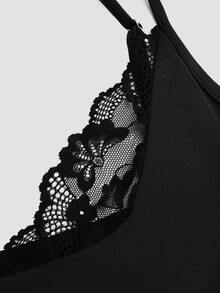 Sweetra Vestido midi de mujer de unicolor con tirantes de espagueti, parches de encaje y sin mangas, moda de verano - Negro - Ver 6