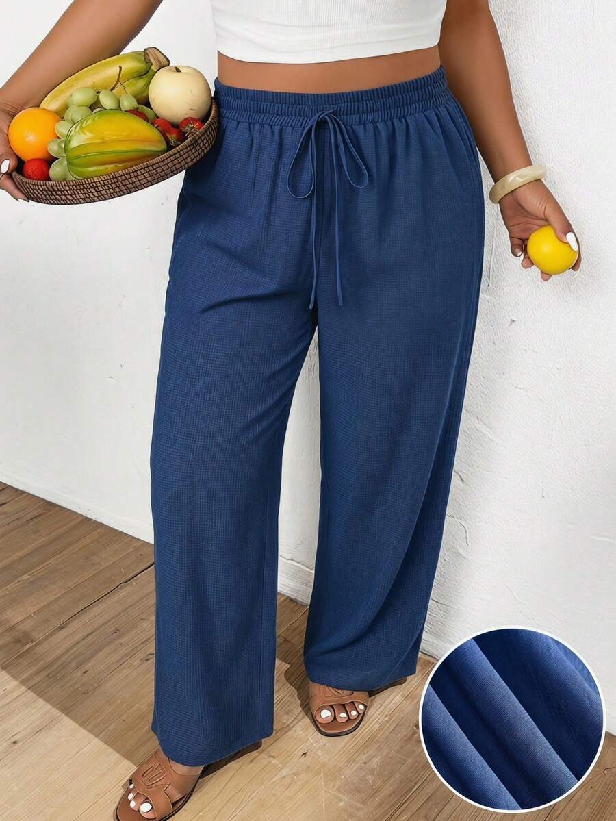 Lounesse Casual Minimalist Blue Textured Fabric Plus Size Women Drawstring Waist Loose Pants, Suitable For Spring/Summer, Vacation & Daily Wear - Blue - View 1