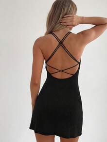 Firerie Women's Elegant Black Spaghetti Strap Backless Mini Dress, Deep V Neck A-Line Party Dress,Club Night,Summmer Boho Beach Vacation Cocktail Outfit - Black - View 6