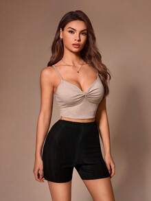 Lazeform Solid Color Minimalist Casual Brushed Ribbed Slim Fit Women Shorts, Suitable For Loungewear Or Outerwear Home Black Summer - Black - View 6