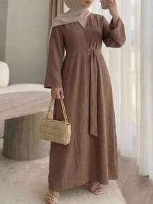 Veilorie Plus Size Women's Solid Color Long Sleeve Waist Metal Design Abaya - Coffee Brown - View 9