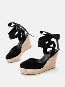 Glitzique Women Minimalist Tie Leg Design Espadrille Strappy Court Wedges, Vacation Outdoor Faux Suede Wedge Shoes - Black - View 8