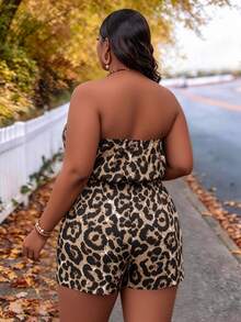 CurvyTilda Mono sin tirantes con estampado de leopardo de talla grande, mono casual minimalista y de moda para uso diario, para Body de reloj de arena - Café integral - Ver 2