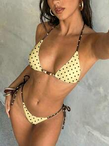 Aloruh Đồ bơi nữ, bộ bikini hai mảnh gợi cảm thanh lịch lãng mạn phong cách vintage họa tiết chấm bi tương phản rừng nhiệt đới, áo cổ yếm dây buộc cúp tam giác mini + quần bikini buộc dây bên hông mini, cho kỳ nghỉ xuân/hè - Nhiều màu - Xem 7
