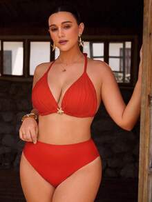 Swim Chiccia 大码女士纯色挂脖三三角比基尼上衣 - 紅色 - 查看 4