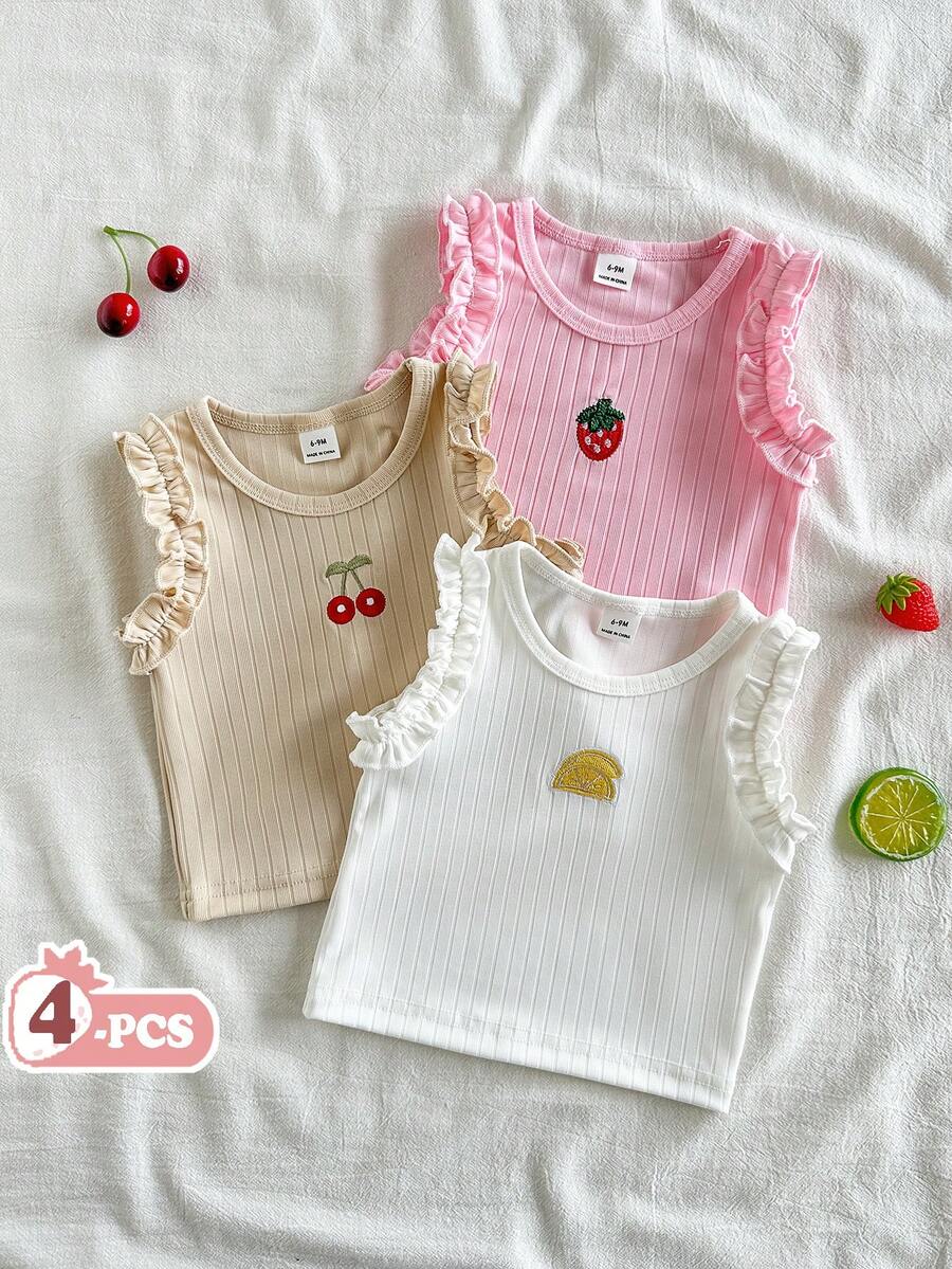 SHEIN Vintaside Kids 3件套女婴夏季休闲可爱甜美柔软弹力罗纹上衣，粉色、白色和浅杏色纯色上衣，饰有花卉刺绣，适合6个月至3岁婴幼儿户外、度假、日常穿着