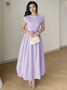 Vestido elegante de mujer de unicolor con cuello redondo, mangas cortas y diseño plisado - Morado - Ver 4