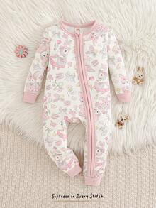 Cozy Pixies Baby Girl Cartoon Print Soft Knit Snug Fit Pajama Set, Long Sleeve Romper And Pants, Comfortable And Versatile - Multicolor - View 7